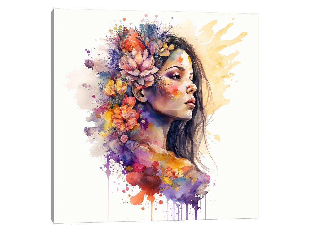 Framed Canvas Art (White Floating Frame) - Watercolor Floral Woman II by Chromatic Fusion Studio ( People > portraits > Floral portraits art) - 18x18